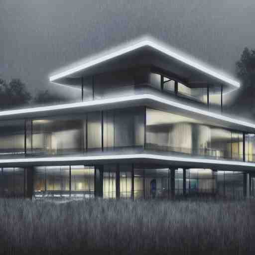 exterior view of modern futuristic haunted house architecture, on a hill with a view overlooking the city, lightning in grey skies, detailed luminescent oil painting 4 k 