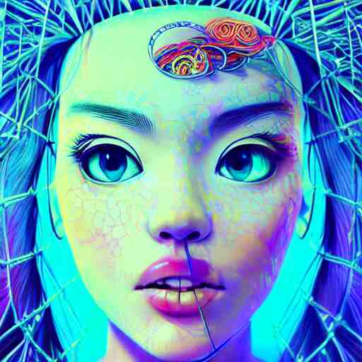 the face of an unbelievably beautiful and pretty japanese girl partially made of onion rings of all colors looking down, an ultrafine detailed illustration by james jean, final fantasy, intricate linework, bright colors, behance contest winner, vanitas, angular, altermodern, unreal engine 5 highly rendered, global illumination, radiant light, detailed and intricate environment 