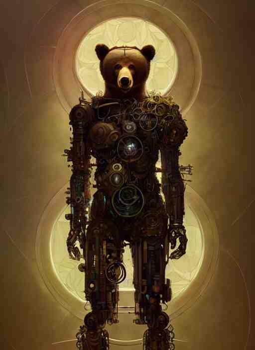 organic cyborg bear, full body, diffuse lighting, fantasy, intricate, elegant, highly detailed, lifelike, photorealistic, digital painting, artstation, illustration, concept art, smooth, sharp focus, art by John Collier and Albert Aublet and Krenz Cushart and Artem Demura and Alphonse Mucha