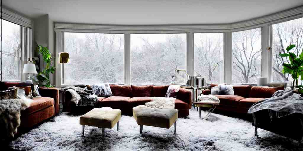 wide angle photograph, atmospheric, outside window ice winter snow, detailed, realistic lighting, sunlight, reflections, award winning contemporary interior design by kelly wearstler and nate berkus, living room, city apartment, cozy calm! fabrics textiles, books, paintings, colorful accents, brass copper, many light sources, lamps, oiled hardwood floor, plants, book shelves, couch, desk, mirrors 