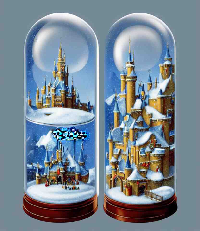 an achingly beautiful print of one cylindrical snow globe with disneyland inside by raphael, hopper, and rene magritte. detailed, proportional, romantic, vibrant, enchanting, trending on artstation 