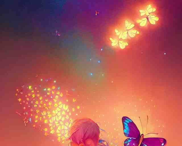 harmony of neon tiny butterfly stars, mute, coherent hands, by wlop, james jean, victo ngai, rainbow overlay! beautifully lit, muted colors, highly detailed, fantasy art by craig mullins, thomas kinkade 