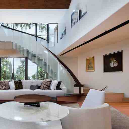 A modern style living room with floor to ceiling glass windows on the left and wooden stairs going upstairs on the right, two white sofas with a white marble table in the center, stairs to the second floor, 8k resolution, professional interior design photograph, wide angle photograph