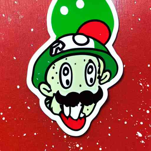 die cut sticker, yoshi wearing mario's mustache, splatter paint 