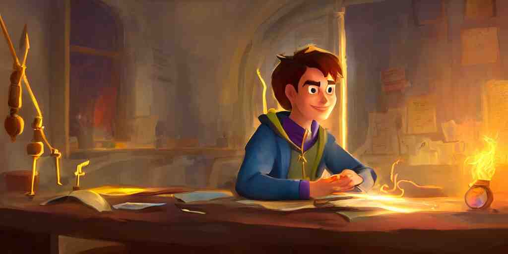 a young male mage they are in a alchemy workshop working at there desk. colorful, light rays, medium shot, waist up, sharp, bloom, dramatic lighting, by pixar, dreamworks and marvel 