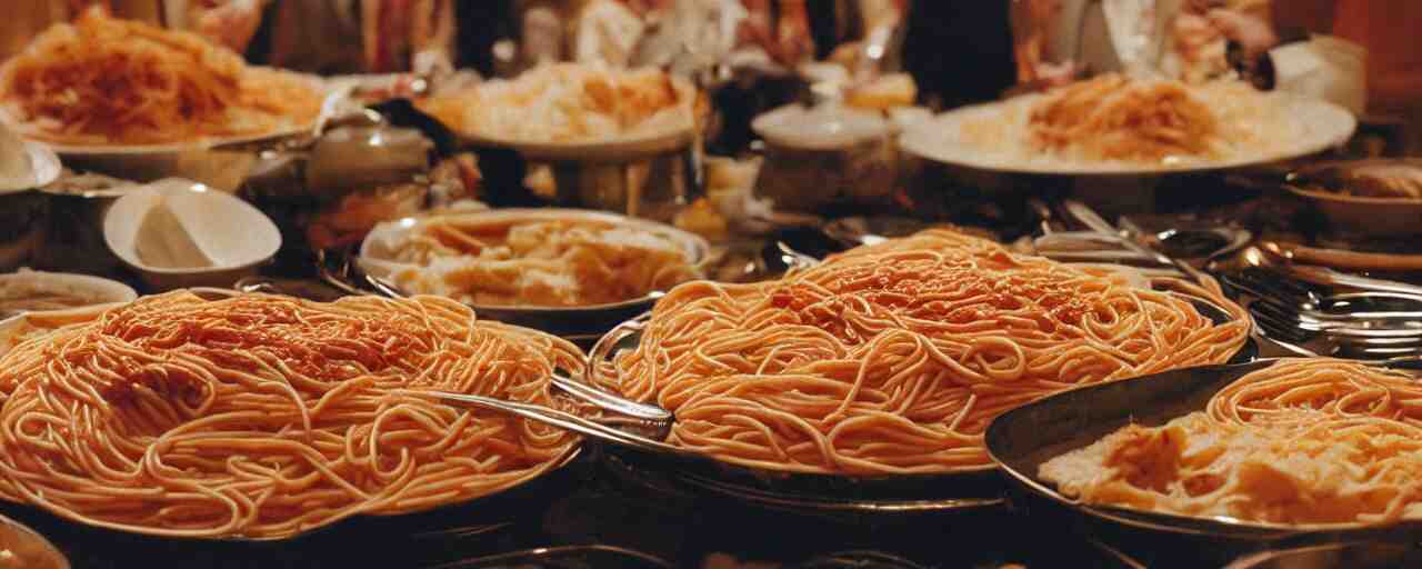 a large bowl of spaghetti, beautifully plated on a full buffet table, small details, intricate, sharply focused, canon 5 0 mm, wes anderson film, kodachrome 