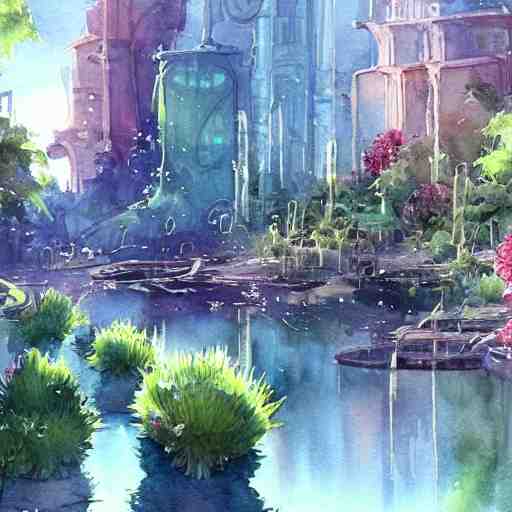 Beautiful happy picturesque charming sci-fi town in harmony with nature. Beautiful light. Water and plants. Nice colour scheme, soft warm colour. Beautiful detailed artsy watercolor by Vincent. (2022)