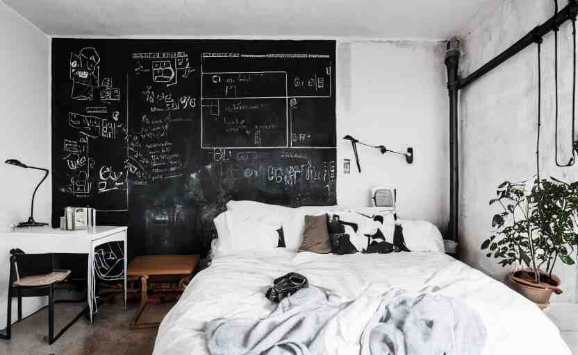 berlin style compact bedroom interior, concrete, punk design, bed, neon lights, modernism, white, beige, black, minimalism, blackboard, industrial, pipes, little windows, plants 