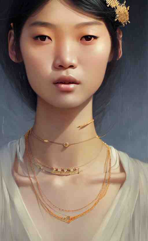 a beautiful young charming asian goddess with sundress + jewelry + shinny eyes | | winter, symmetric, realistic shaded, unpleasant face, good looking, fine details, dior, lv, realistic shaded lighting poster by greg rutkowski, macoto takahashi, magali villeneuve, artgerm, jeremy lipkin and michael garmash 