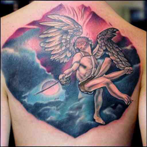 tatoo art of icarus flying over some ruins 