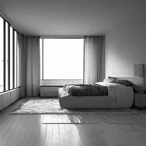 brutalist bedroom, big windows, minimalist architecture, minimalist furniture, octane render, high quality, 8 k, post production 