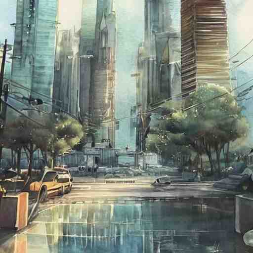 Beautiful happy picturesque charming sci-fi city in harmony with nature. Beautiful light. Nice colour scheme, soft warm colour. Beautiful detailed watercolor by Lurid. (2022)