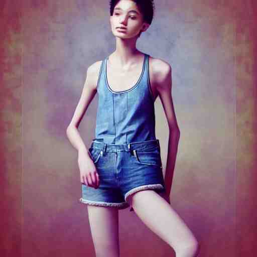 gracefully enchanting studio portraiture of finely fashionable, elegantly dressed, stunning reserved young uzbek model who is slender, tank top, denim shorts. digital art by killian eng and range murata 