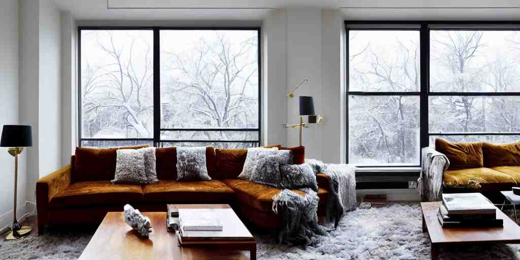 wide angle photograph, atmospheric, outside window ice winter snow, detailed, realistic lighting, sunlight, reflections, award winning contemporary interior design by kelly wearstler and nate berkus, living room, city apartment, cozy calm! fabrics textiles, books, paintings, colorful accents, brass copper, many light sources, lamps, oiled hardwood floor, plants, book shelves, couch, desk, mirrors 