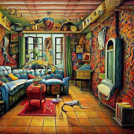 a painting of a living room filled with furniture, a surrealist painting by jacek yerka, cgsociety, fantastic realism, maximalist, surrealist, detailed painting 