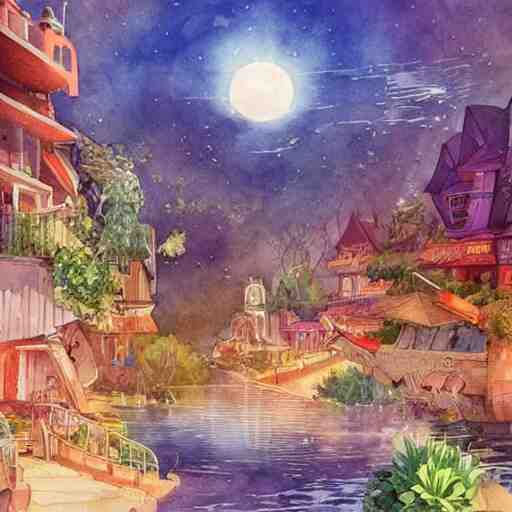 Beautiful happy picturesque charming sci-fi town in harmony with nature. Beautiful light. Water and plants. Nice colour scheme, soft warm colour. Beautiful detailed watercolor by Vincent. (2022)