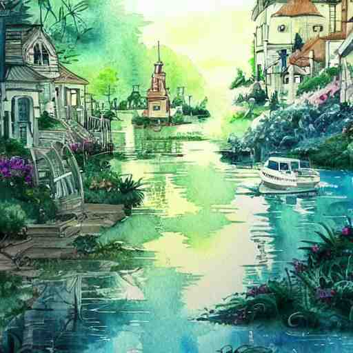 Beautiful happy picturesque charming sci-fi town in harmony with nature. Beautiful light. Water and plants. Nice colour scheme, soft warm colour. Beautiful detailed watercolor by Lurid. (2022)