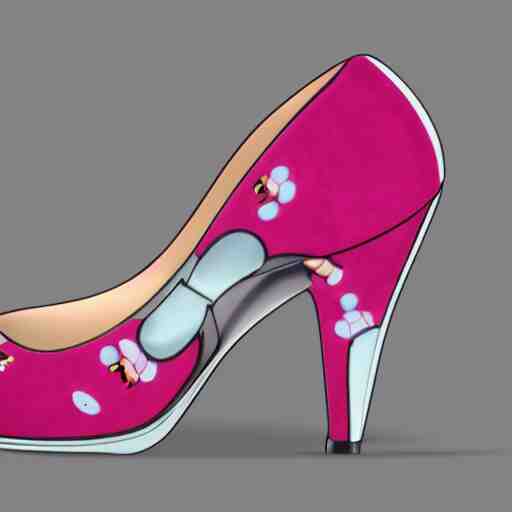 pink suede pumps shoes with slim heels and pointed toes with a happy mickey mouse depicted on it, photorealistic, transluscent, glass, beautiful, architecture, product design, clean, highly detailed, 8 k, ornate detail 