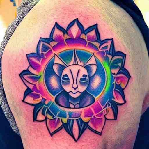 shoulder tattoo of a meditating cute bush baby, eyes are sparkeling rainbow spirals, glowing multicolored chakra symbols, surrounded with colorful lotus leaves, insanely integrate 