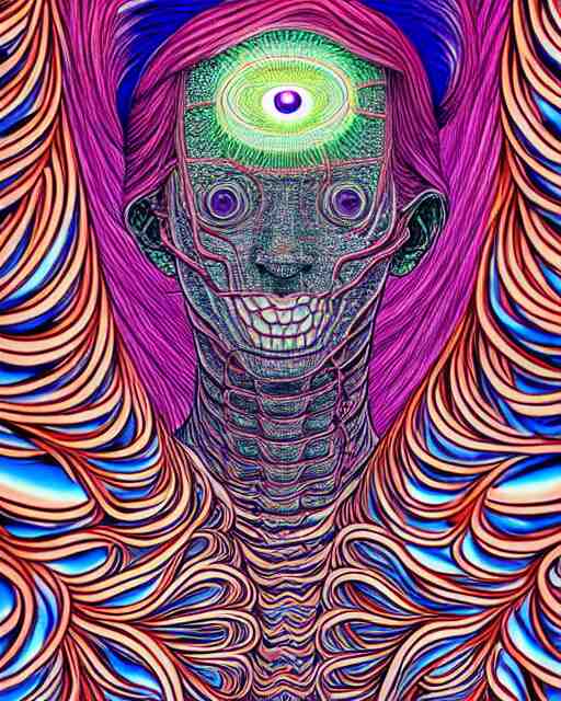 human body breaking away, conjuring psychedelic illustration, part by shintaro kago, part by alex gray, ultra realistic, highly detailed, 8 k, symmetry, fractals, grotesque, vibrant 