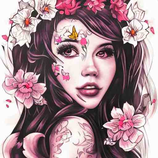 tattoo design, stencil, tattoo stencil, traditional, beautiful portrait of a Belle Delphine with flowers in her hair, upper body, by artgerm, artgerm, artgerm, digital art, cat girl, anime eyes, anime, sexy-s 100