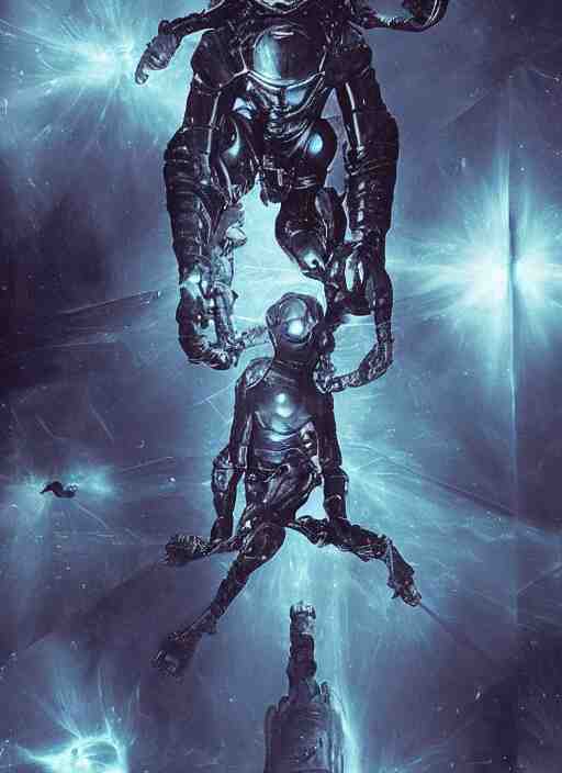 astronauts in dark void underwater - complex and hyperdetailed technical suit. reflection and dispersion materials. rays and dispersion of light. volumetric light. f / 3 2. noise film photo. flash photography. ultra realistic, wide angle. poster by wayne barlowe, hajime sorayama aaron horkey, craig mullins 