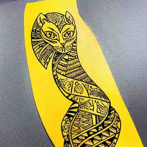 tattoo sketch on yellow paperp, polynesian style, sun hugging the cat, maori, ornament
