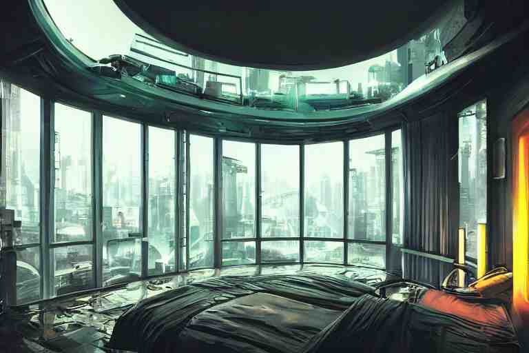 a futuristic bedroom with large curved ceiling high windows looking out to a far future cyberpunk cityscape, cyberpunk neon lights, raining, scifi