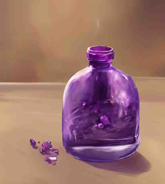 a closeup of a purple potion in a round bottle on a messy desk. by makoto shinkai, stanley artgerm lau, wlop, rossdraws, james jean, andrei riabovitchev, marc simonetti, krenz cushart, sakimichan, d & d trending on artstation, digital art 