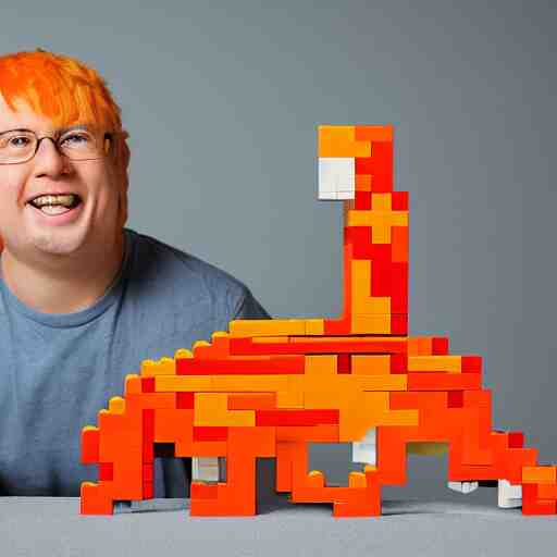 1 0, 0 0 0 piece lego sculpture by a master builder of a smiling orange cat with a big head and white face walking upright, scratch. mit. edu, product photography, studio lighting 