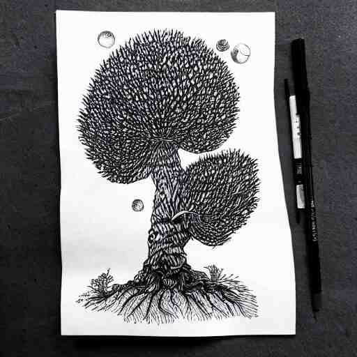 black and white ink doodle illustration of an ancient tree floating in outer space, overgrown with funghi, style by peter deligdisch, peterdraws 