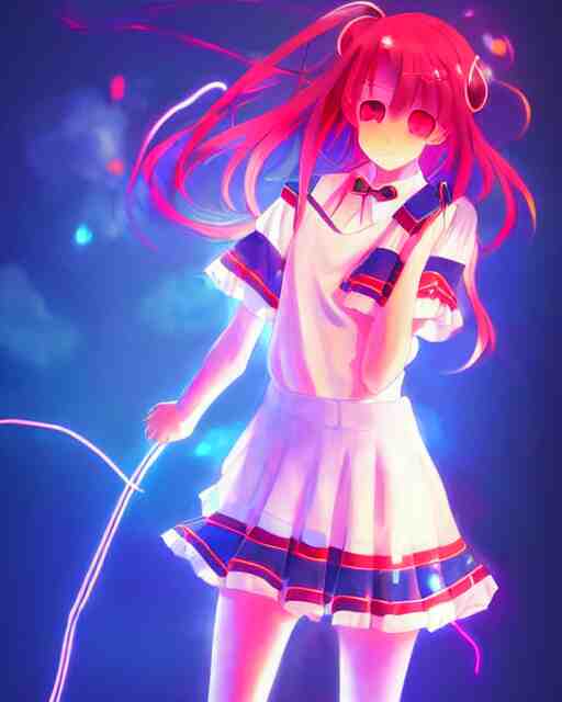 anime style, vivid, expressive, full body, 4 k, painting, a cute magical girl with a long wavy hair wearing a sailor outfit, correct proportions, stunning, realistic light and shadow effects, neon lights, studio ghibly makoto shinkai yuji yamaguchi 