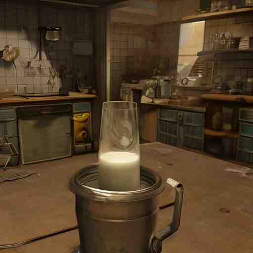 mr. house on the screen holds a faceted glass of milk in one of the manipulators, realism, reflections, metal body, in the kitchen, in the style of fallout 4, 