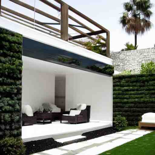 luxury small backyard walls at the sides, modern hut at the back all white, no plants, no grass, brown floor, small pool 