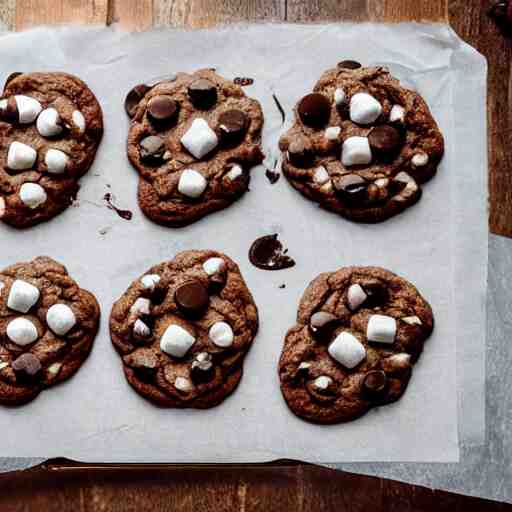 opulent banquet of freshly baked chocolate chip cookies, delicious, glistening, chocolate sauce, marshmallows, highly detailed, food photography, art by rembrandt 