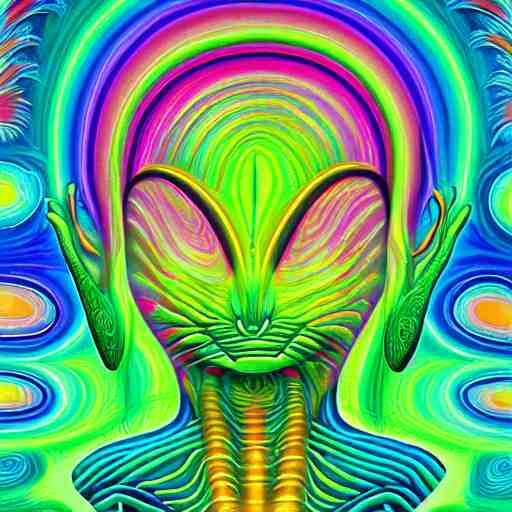 a digital painting close shot of an alien pondering into your soul, green trees in the background, alex grey, lisa frank, colorful, vibrant,