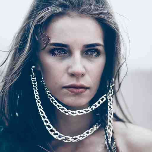 portrait of a woman, sliver chains, sliver hair, natural, light makeup, cinematic, cinematic, focus 