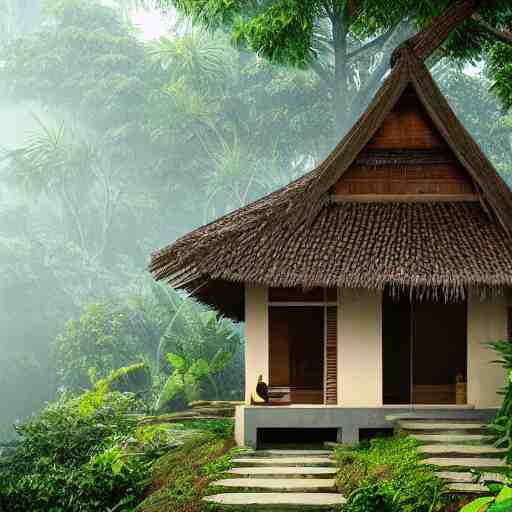 a beautiful 3d renderings of a little house in the jungle, Balinese architecture by SOM Architect, Studio Ghibli,. Architectural photography, 14mm, cinematic photography, high resolution 4k, cg architects, vray