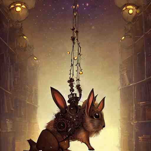 cute steampunk rabbit with a polygonal library walls and glass ceilings showing the stars and hanging silk drapery and tapestries, light dust, magnificent, close up, details, sharp focus, elegant, highly detailed, illustration, by Jordan Grimmer and greg rutkowski and PiNe(パイネ) and 薯子Imoko and 香川悠作 and wlop and maya takamura, intricate, beautiful, Trending artstation, pixiv, digital Art