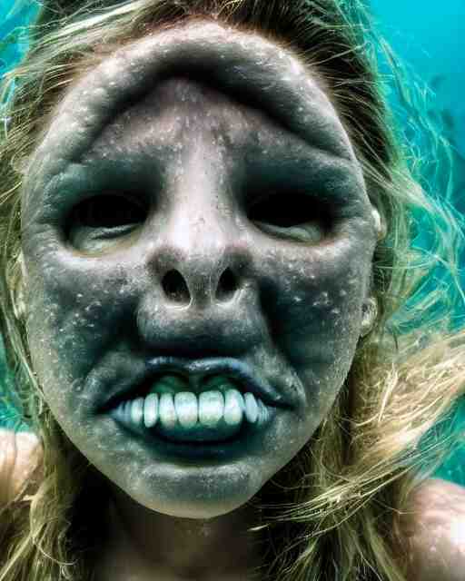 detailed eyes, face of an underwater human descendant fishwoman, darkness, macro lens, very deep sea, mariana trench, teeth, dark, hd, dagon, fishpeople