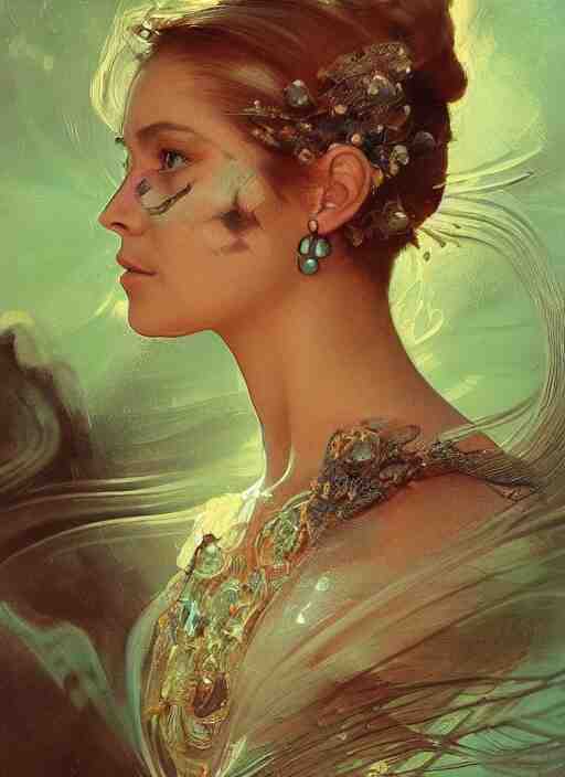 a highly detailed photo of very intricate female face portrait, futurism, rococo cyber neon lighting, detailed futuristic fibonacci jewelry, profile posing, hyper photorealistic, trending in pinterest, cinematic, 4 k ultra hd, by denis villeneuve tom anders zorn hans dragan bibin thoma greg rutkowski ismail inceoglu illustrated sand storm alphonse mucha 