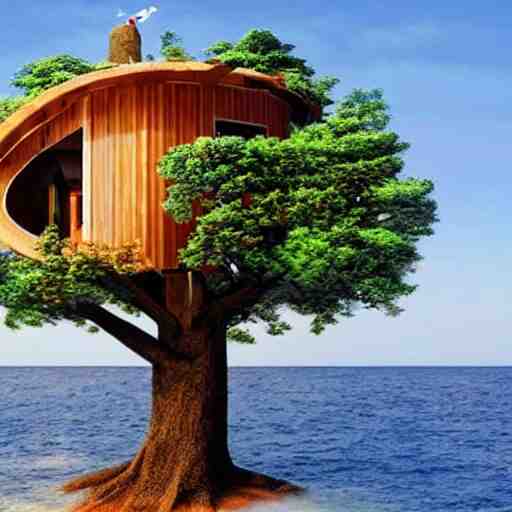 a tree with a tree house in it in the ocean 