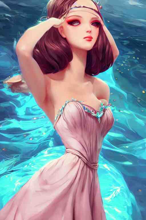 a beautiful fashion goddness of love, chic strapless dress, tropical sea background, character design, in the style of artgerm, and wlop, cinematic lighting, hyperdetailed, 8 k realistic, symmetrical, global illumination, radiant light, frostbite 3 engine, cryengine, dof, trending on artstation, digital art 