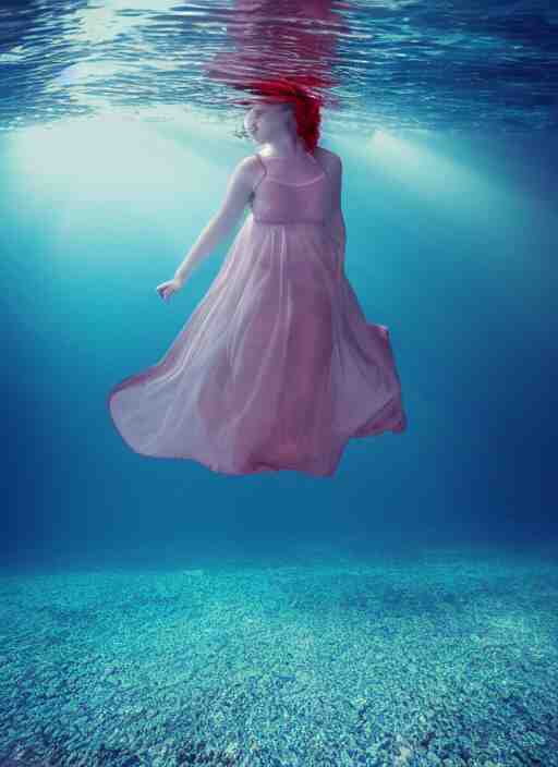 girl in a long dress swimming underwater, caustics, surreal underwater photography