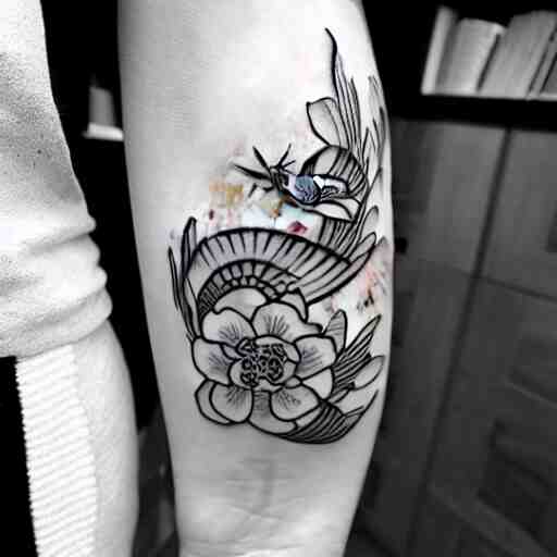 black and white tattoo, koi fish, japanese traditional style, camelia flowers, stylized, 