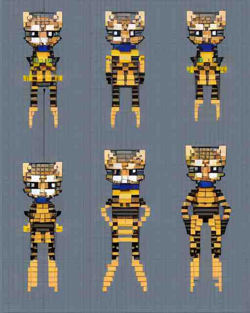 spritesheet pixel art of feline alien main character, isomorphic top down view, transparent