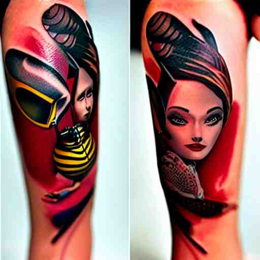 detailed tattoos in the style of bee movie on a female leg, crimson - black color scheme, wearing miniskirt, cinematic seductive lighting, beautiful composition 