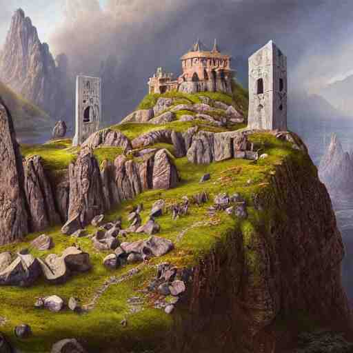 a beautiful and highly detailed matte painting of a colorful yet humble viking temple and fort built of large stones in the distance high in the most epic mountains ever, intricate details, epic scale, insanely complex, 8 k, sharp focus, hyperrealism, very realistic, by caspar friedrich, greg rutowski, james gurney, hudson river school 