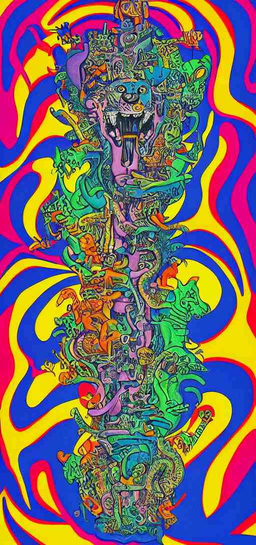 tony the tiger dissolving into neon cereal pieces, cubensis, aztec, basil wolverton, r crumb, hr giger, mc escher, dali, muted but vibrant colors, rainbow tubing 