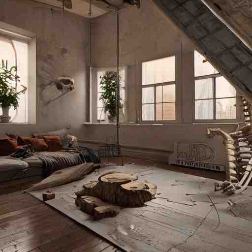 a beautifully decorated loft, interior design, mammoth skeleton in a corner, vray render, 8 k, artstation 